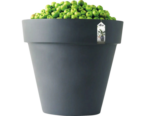 Grand pot de fleurs rond elho de couleur anthracite, rempli de pommes vertes pour illustrer la taille.