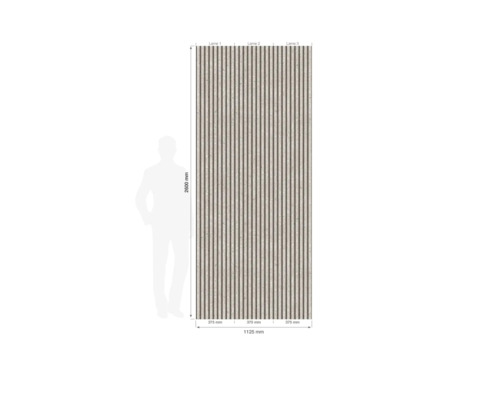 Wandpaneel mit vertikalen Lamellen in Steinoptik, Maße 2600 Millimeter mal 1125 Millimeter, bestehend aus drei Elementen zu je 375 Millimeter.