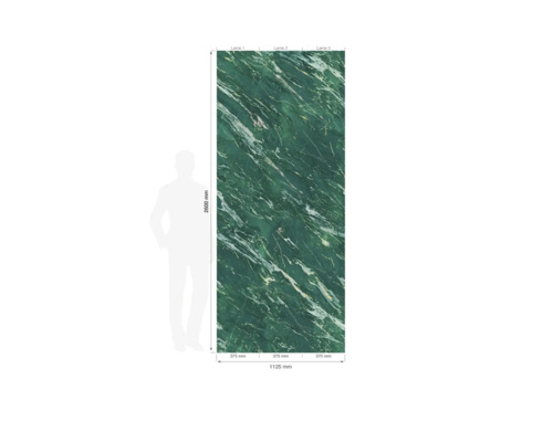 Panneau mural aspect marbre vert, hauteur 2600 millimètres, largeur 1125 millimètres, composé de trois lames avec dimensions et silhouette humaine.