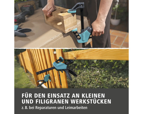 Wolfcraft Einhandzwinge im Einsatz an kleinen Werkstücken wie Holzblock und Holzzaun für Reparaturen und Leimarbeiten.