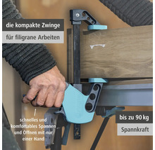 Wolfcraft Einhandzwinge fixiert Holz, kompakte Bauform für filigrane Arbeiten, bis zu 90 Kilogramm Spannkraft, einhändige Bedienung.