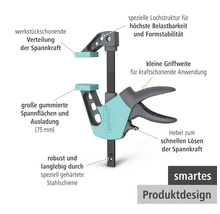 Wolfcraft Einhandzwinge mit gummierten Spannflächen, Schnelllösehebel, gehärteter Stahlschiene und Hinweisen zum smarten Produktdesign.