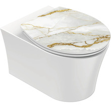 WC suspendu avec abattant aspect marbre blanc et or.