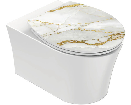 WC suspendu avec abattant aspect marbre blanc et or.