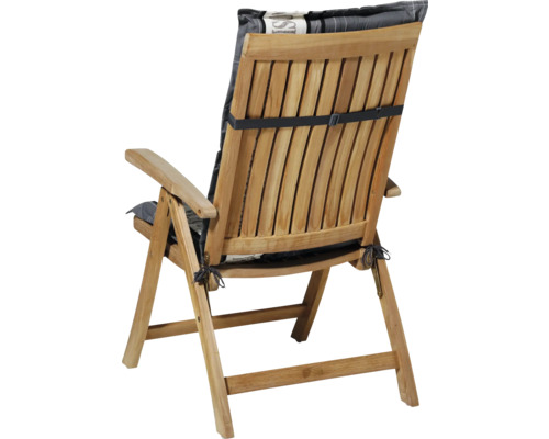 Chaise de jardin pliable en bois, vue arrière, avec coussin à motifs gris et accoudoirs.