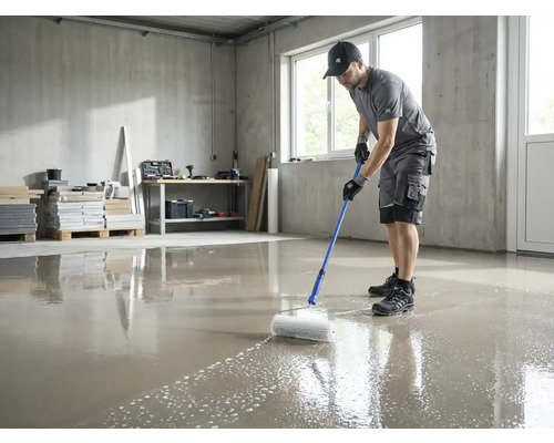 Ein Mann entlüftet eine frisch gegossene Bodenausgleichsmasse mit einer Stachelwalze auf einer Teleskopstange in einem hellen Raum.