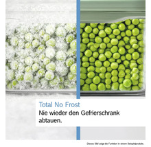 Comparaison de pois surgelés avec et sans givre pour illustrer la technologie Total No Frost dans le congélateur.