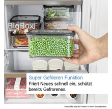 Main tenant une boîte de congélation avec des pois devant un tiroir BigBox de réfrigérateur avec fonction Super congélation.