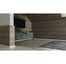 Salon moderne avec revêtement mural aspect bois sur les murs et les rampants, buffet et tapis.