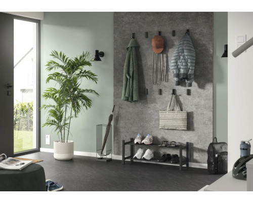 Moderner, organisierter Flur mit Wandpaneelen in Betonoptik, schwarzen Garderobenhaken, Metall-Schuhregal, Schirmständer und großer Zimmerpflanze.
