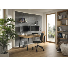 Moderner Arbeitsbereich mit Holztisch, schwarzem Bürostuhl und einer Wand in Betonoptik mit zwei Monitoren und einem Skateboard-Regal.