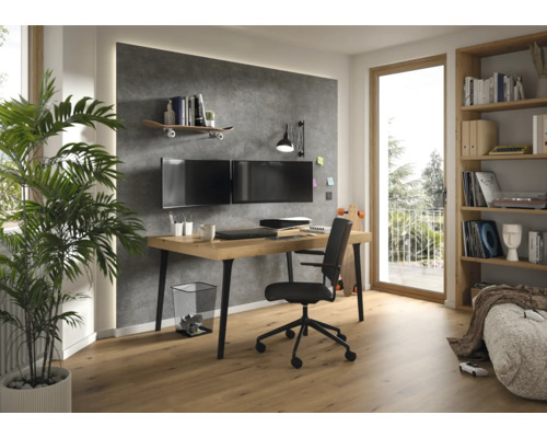 Moderner Arbeitsbereich mit Holztisch, schwarzem Bürostuhl und einer Wand in Betonoptik mit zwei Monitoren und einem Skateboard-Regal.