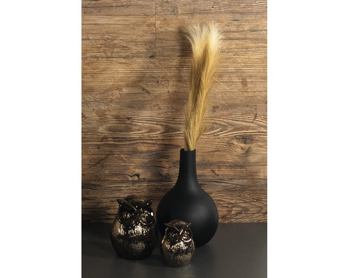 Vase noir avec de l herbe de la pampa à côté de deux figurines de hibou devant un mur en bois.