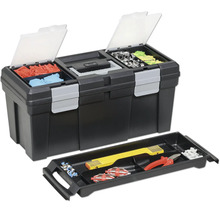 Boite a outils en plastique avec deux compartiments de tri dans le couvercle et insert amovible pour outils et petites pieces