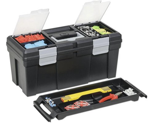 Boite a outils en plastique avec deux compartiments de tri dans le couvercle et insert amovible pour outils et petites pieces