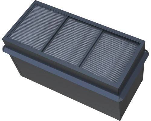 Jardinière surélevée rectangulaire en métal anthracite avec surface nervurée en trois parties.