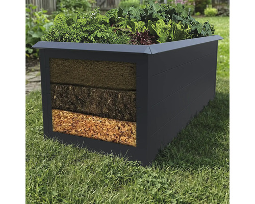 Carré potager surélevé gris anthracite dans un jardin avec coupe transversale de trois couches: copeaux de bois, compost et terreau.