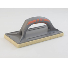 Taloche éponge avec poignée ergonomique grise et couche d'éponge jaune quadrillée pour les travaux de carrelage.