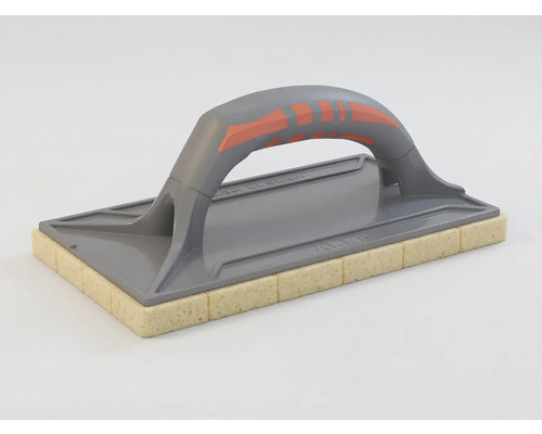 Taloche éponge avec poignée ergonomique grise et couche d'éponge jaune quadrillée pour les travaux de carrelage.