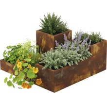 Pflanzgefäße in Rostoptik in verschiedenen Höhen, bepflanzt mit Kräutern, Kapuzinerkresse und Lavendel.