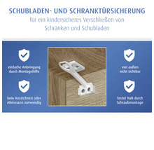 Kindersicherung für Schränke und Schubladen, einfache Montage durch Schrauben im Schrankinneren, von außen unsichtbar.