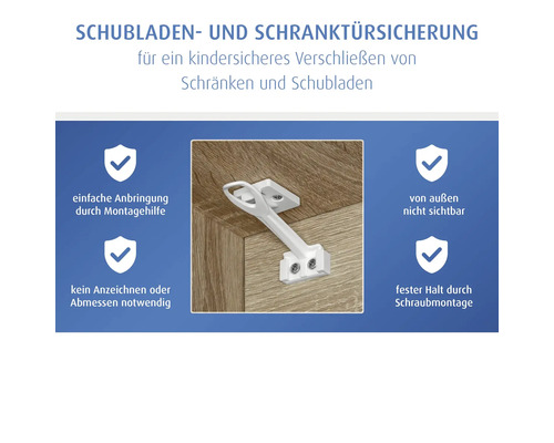 Kindersicherung für Schränke und Schubladen, einfache Montage durch Schrauben im Schrankinneren, von außen unsichtbar.