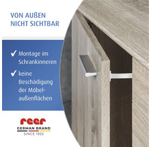 Unsichtbare Kindersicherung für Schränke zur Innenmontage ohne Beschädigung der Außenflächen. reer Logo.