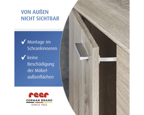 Unsichtbare Kindersicherung für Schränke zur Innenmontage ohne Beschädigung der Außenflächen. reer Logo.