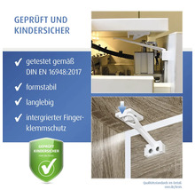 Reer Logo. Kindersicherung für Schubladen und Schränke, geprüft nach DIN EN 16948:2017, langlebig mit integriertem Fingerklemmschutz.