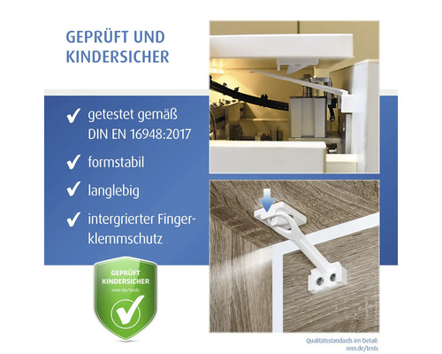 Reer Logo. Kindersicherung für Schubladen und Schränke, geprüft nach DIN EN 16948:2017, langlebig mit integriertem Fingerklemmschutz.