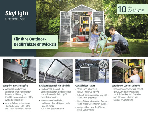 Helles SkyLight Gerätehaus aus Polycarbonat im Garten, Details zu lichtdurchlässigem Dach, Bodenmontage, 10 Jahre Garantie und Regal-Zubehör.