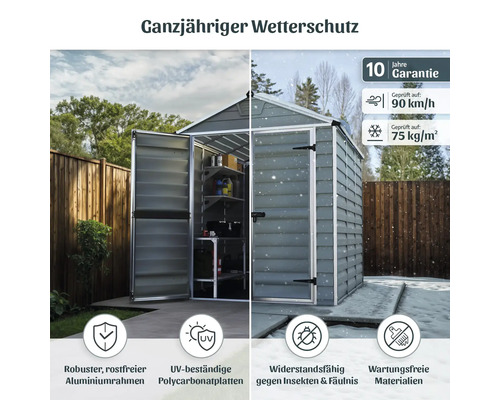 Gartenhaus aus Polycarbonat, Aluminiumrahmen, 10 Jahre Garantie, windfest bis 90 Kilometer pro Stunde, Schneelast 75 Kilogramm pro Quadratmeter.