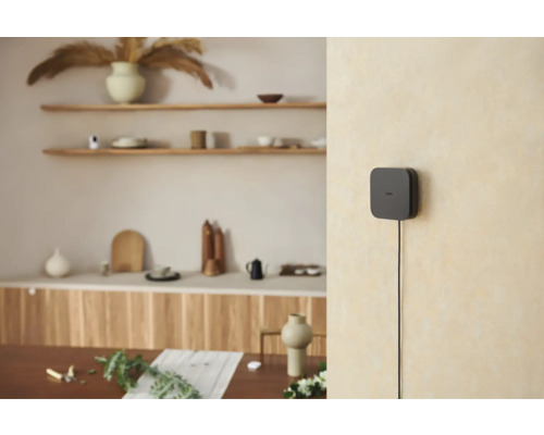Hub Smart Home noir sur un mur clair dans un intérieur moderne et lumineux avec des étagères en bois et de la décoration.