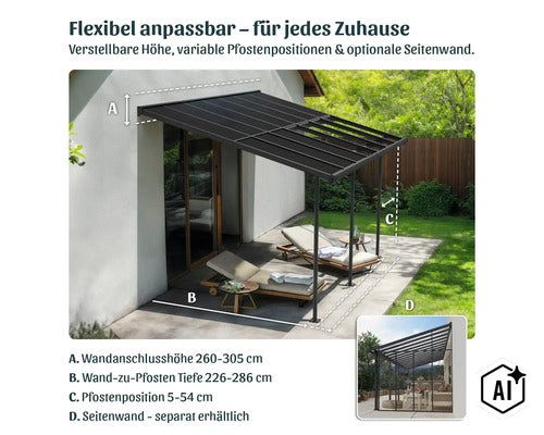 Auvent de terrasse avec hauteur réglable et position variable des poteaux ainsi qu une paroi latérale optionnelle pour le jardin. (Image AI modified or generated)