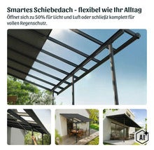 Abri de terrasse avec toit coulissant intelligent en métal et plastique pour une ouverture flexible pour plus de lumière ou protection pluie. (Image AI modified or generated)
