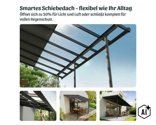 Abri de terrasse avec toit coulissant intelligent en métal et plastique pour une ouverture flexible pour plus de lumière ou protection pluie. (Image AI modified or generated)