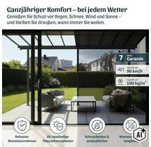 Couverture de terrasse avec cadre en aluminium et panneaux en polycarbonate pour une protection contre les intempéries toute l'année. (Image AI modified or generated)