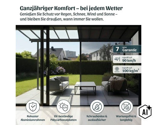 Couverture de terrasse avec cadre en aluminium et panneaux en polycarbonate pour une protection contre les intempéries toute l'année. (Image AI modified or generated)