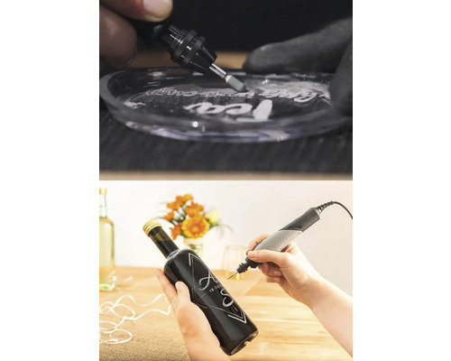 Dremel Multifunktionswerkzeug beim Gravieren von Glas und einer dunklen Glasflasche.