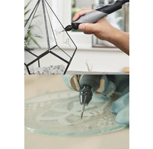Dremel Multifunktionswerkzeug beim Gravieren von Vogelmotiven auf ein geometrisches Glas-Terrarium und eine Glasplatte.
