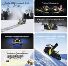 Autonome Schneefräse mit kabellosem Laden, Hinderniserkennung, Routenplanung, Kettenantrieb und verstellbarem Auswurf.