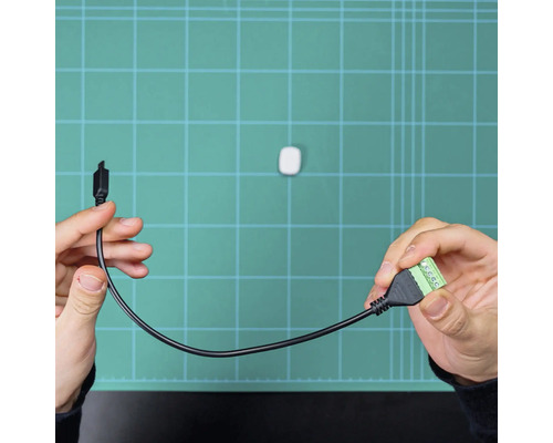 Câble adaptateur avec un connecteur noir et un bornier vert avec des bornes à vis.