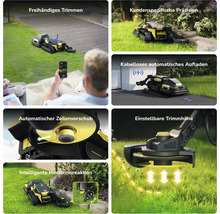 Collage des fonctions du robot coupe-bordures: coupe mains libres, charge sans fil, détection obstacles, avance du fil et hauteur réglable.