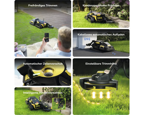 Collage des fonctions du robot coupe-bordures: coupe mains libres, charge sans fil, détection obstacles, avance du fil et hauteur réglable.