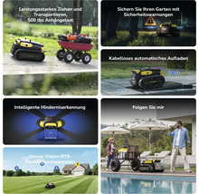 Robot de jardin Yarbo en action: transporte une remorque, charge sans fil, détecte les obstacles et utilise un système de navigation par satellite.
