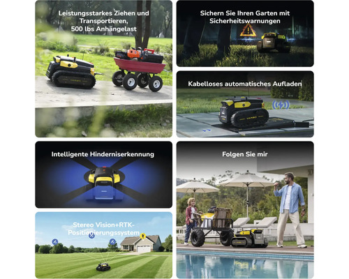 Robot de jardin Yarbo en action: transporte une remorque, charge sans fil, détecte les obstacles et utilise un système de navigation par satellite.