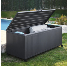 Coffre de jardin en métal gris foncé avec couvercle ouvert et roulettes, rempli de coussins, au bord d'une piscine.