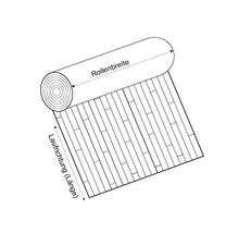 Skizze einer Rolle Bodenbelag mit Markierungen für Rollenbreite und Laufrichtung beziehungsweise Länge.