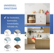 Infografik für universellen Eckenschutz an Möbeln wie Kommoden und Kücheninseln, geeignet für Materialien wie Holz, Glas und Stein.