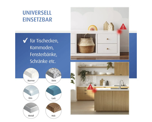 Infografik für universellen Eckenschutz an Möbeln wie Kommoden und Kücheninseln, geeignet für Materialien wie Holz, Glas und Stein.